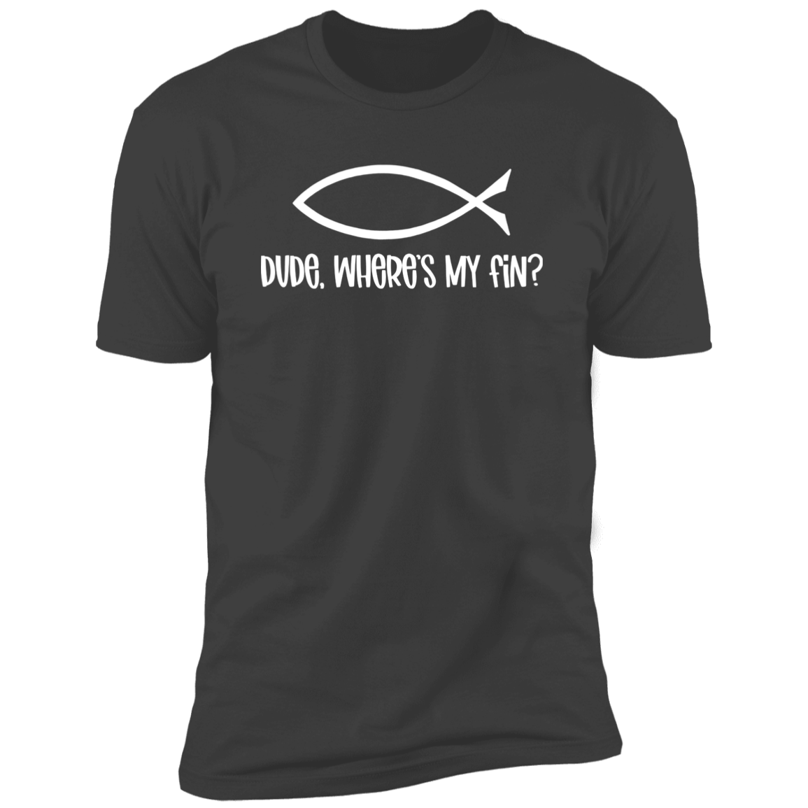 Dude, Where's My Fin? - Premium Unisex Cotton Jersey Tee: White Text Edition - Heavy Metal / X-Small - Fail Upward