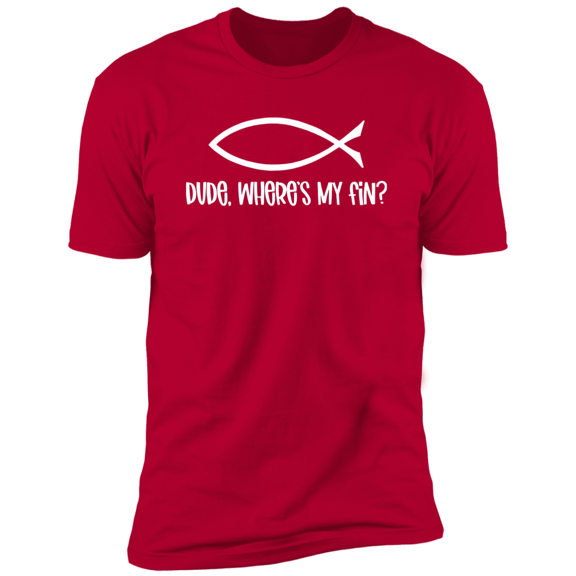 Dude, Where's My Fin? - Premium Unisex Cotton Jersey Tee: White Text Edition - Red / X-Small - Fail Upward